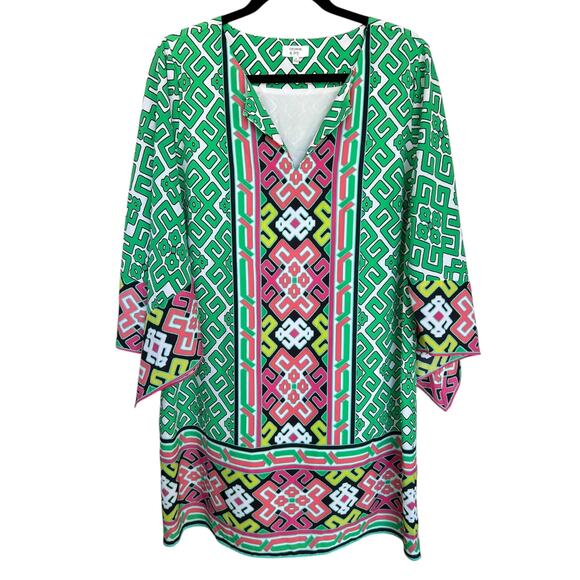 Crown & Ivy Green Geometric Shift Dress Size 14 Vacation Beach Resort Cruise - Picture 1 of 3